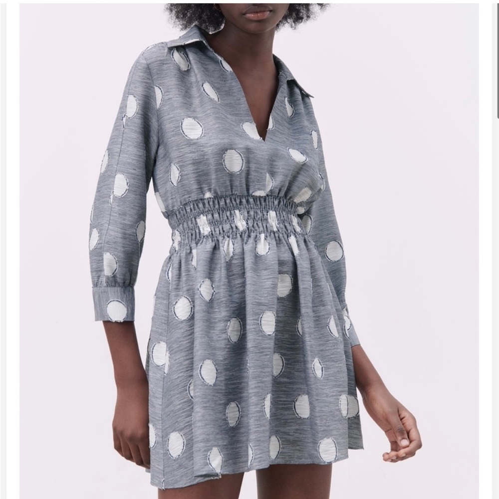 Zara polka dot Gray and White Casual Mini Sundress with V-Neck